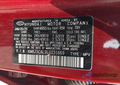 2020 Hyundai Tucson Sport z USA, uszkodzony, nr VIN KM8J3CAL9LU231669